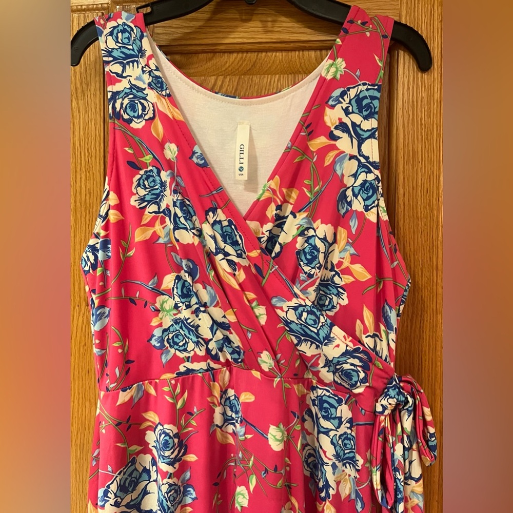 Gilli Maternity Bright Pink Floral Faux‎ Wrap w/Tie Stretchy Maxi Dress Sz Small - Picture 2 of 10